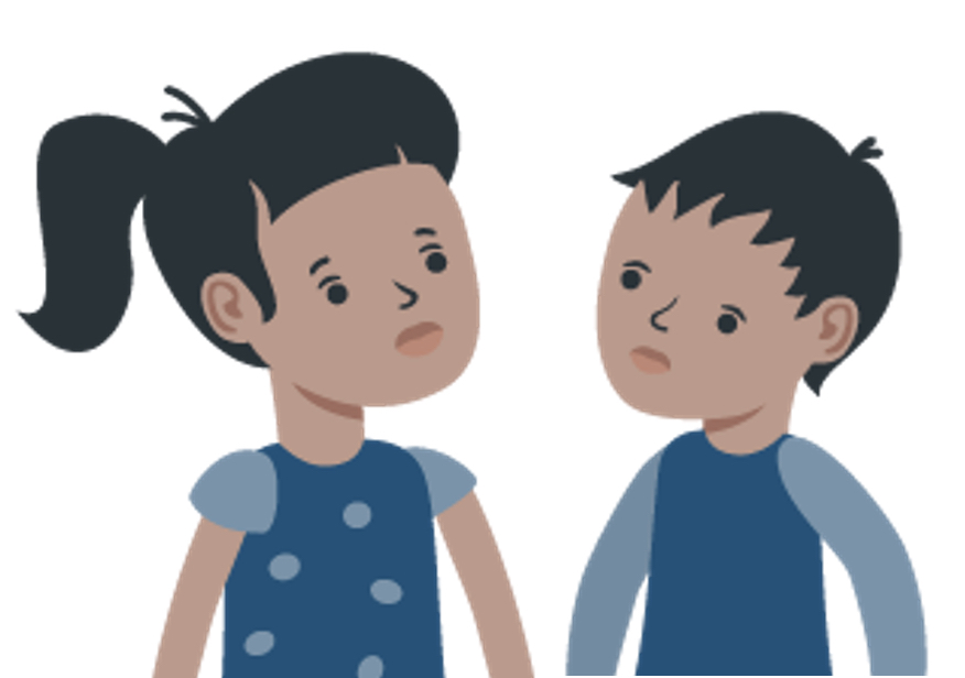 Abgebildet werden die Oberkörper von zwei Geschwisterkindern, ein Junge und ein Mädchen, die sich gegenüber stehen.