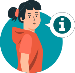 Rundes Icon, das für den Kinder- und Jugend-Download-Bereich steht. Gezeigt wird ein Mädchen im Teenageralter mit aufgewecktem Blick und einer Sprechblase mit Informationssymbol.