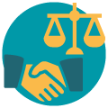 Rundes Icon, das für den Seitenbereich "Gerichtliche und außergerichtliche Konfliktlösungen" steht. Das Icon zeigt die Symbole Handschlag und Waage in den Farben türkis, dunkeltürkis und gelb.