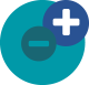 Rundes Icon, das für den Seitenbereich "Gehen oder Bleiben?" steht. Dargestellt sind zwei sich überlappende Kreise: einer mit einem Plus-, einer mit einem Minussymbol. Die Farben sind türkis, dunkeltürkis, weiß und blau.