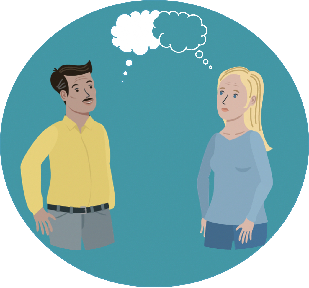 Getrennte Eltern, die sich gegenüberstehen und nachdenken, was durch zwei Gedankenblasen symbolisiert wird.