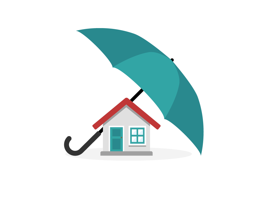 Über einem Haus ist ein riesiger Regenschirm gespannt. Das Haus wird vom Regenschirm komplett geschützt.
