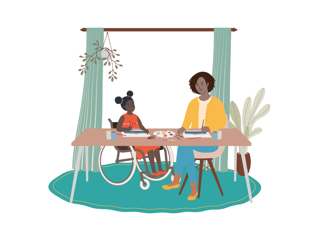 Ein Mädchen im Rollstuhl und eine Frau sitzen an einem Tisch und malen. Auf dem Tisch liegt Zeichenzubehör.
