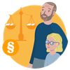 Rundes Icon, das für den Inhaltsbereich "Trennung rechtlich durchdenken" steht. Gezeigt werden ein Mann und seine Tochter im Schulalter, die nah beieinander stehend auf ein Waage- und ein Paragraphensymbol blicken.