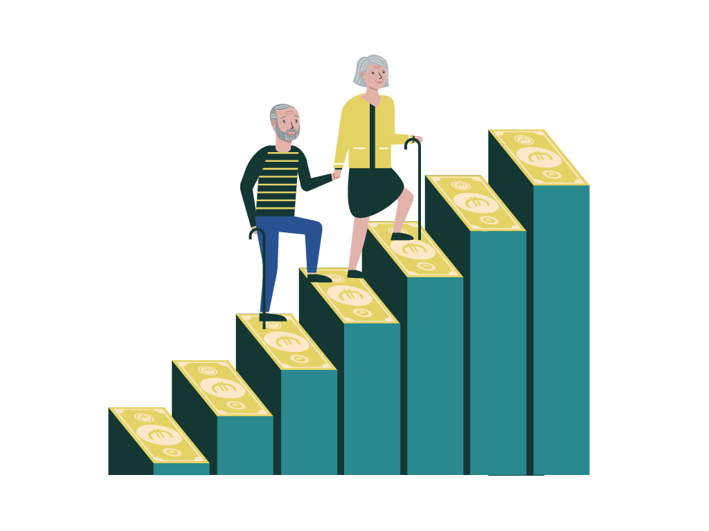 Ein älteres Ehepaar erklimmt eine Treppe, die mit Euro-Zeichen versehen ist.