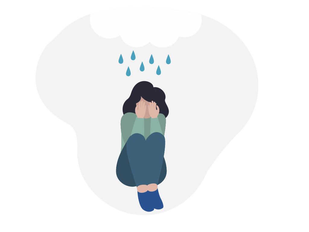 Ein Mädchen sitzt und vergräbt traurig ihr Gesicht in ihren Händen. Über ihr schwebt eine Regenwolke.