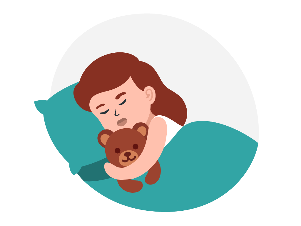 Ein Mädchen liegt schlafend im Bett mit ihrem Kuscheltier.