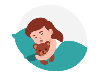 Ein Mädchen liegt schlafend im Bett mit ihrem Kuscheltier.