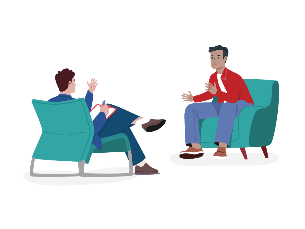 Bild, das einen Mann in einer Therapiesitzung darstellt. Gezeigt wird ein Gespräch zwischen dem Therapeuten und einem jungen Mann. Die beiden sitzen einander in Sesseln gegenüber.