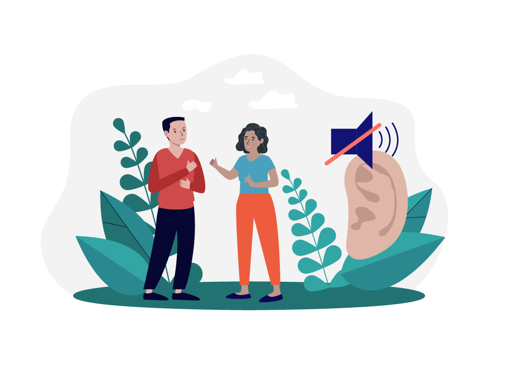 Bild, das symbolisch Kommunikationsprobleme in der Partnerschaft darstellt: Mann und Frau im Gespräch, rechts daneben ein großes Ohrsymbol und ein durchgestrichenes Lautsprechersymbol.