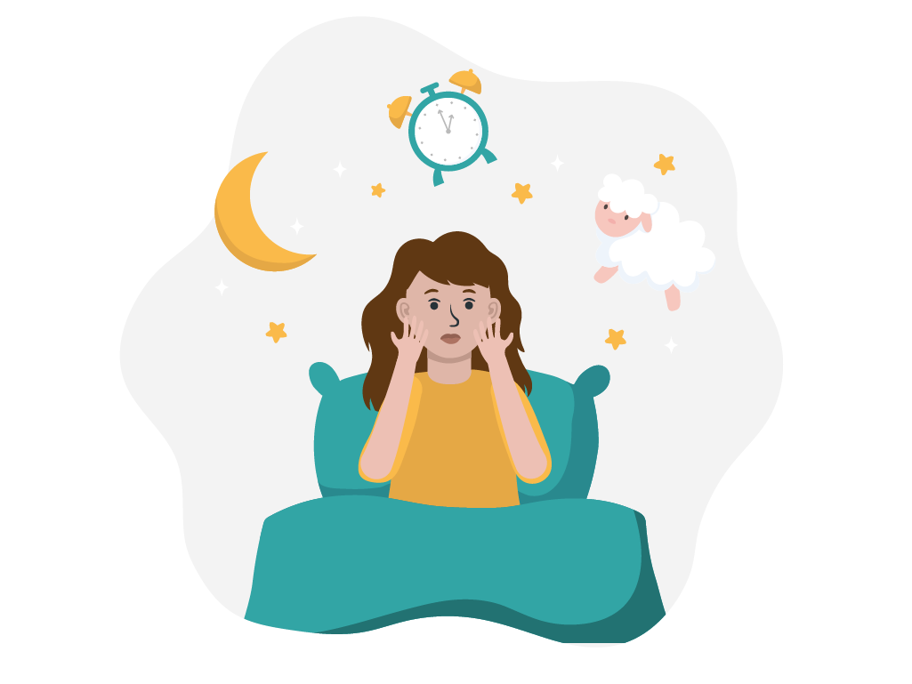 Mädchen sitzt wach und aufrecht im Bett, um ihren Kopf sind ein Mond, ein Wecker, ein Schaf und Sterne zu sehen.