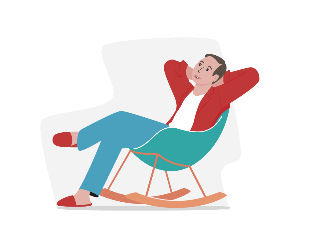 Mann sitzt zufrieden und entspannt zurückgelehnt auf einem Schaukelstuhl. Seine Beine sind überschlagen und seine Arme locker hinter dem Kopf verschränkt.