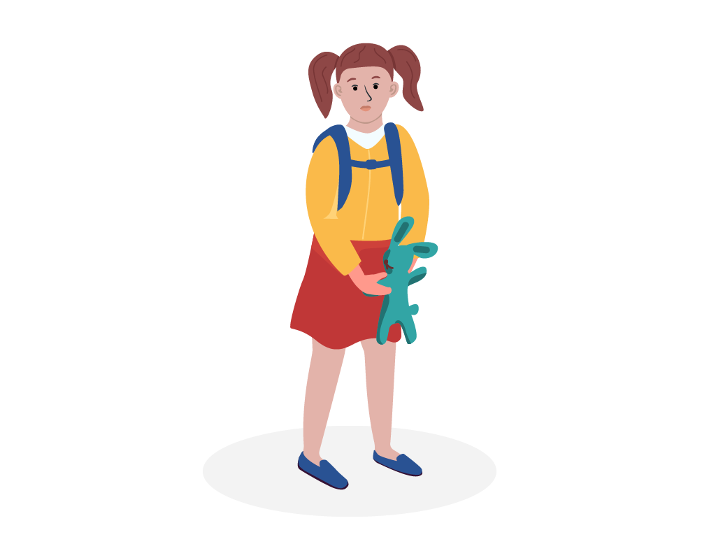 Ein Mädchen mit Rucksack auf dem Rücken und Kuscheltier in der Hand.