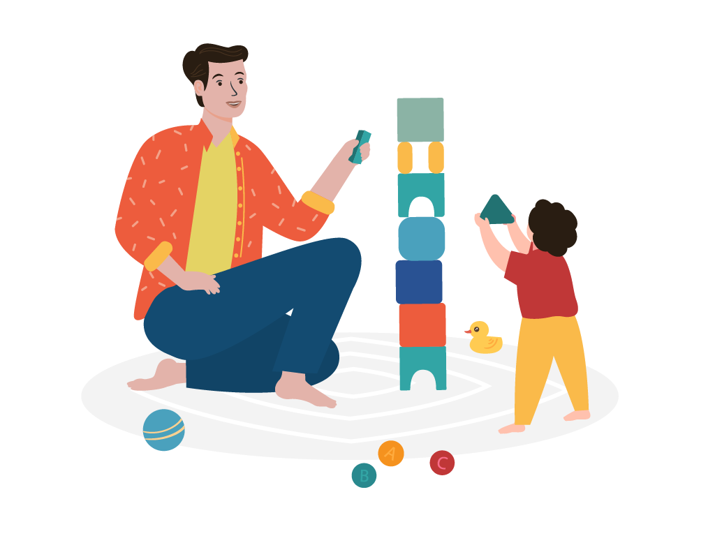 Ein Mann und ein Kleinkind bauen einen Turm aus Bauklötzen. Um sie herum liegen weitere verschiedene Spielsachen.
