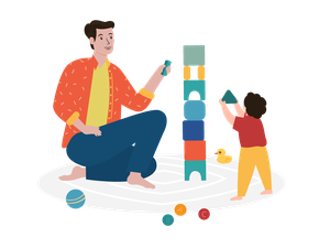 Ein Mann und ein Kleinkind bauen einen Turm aus Bauklötzen. Um sie herum liegen weitere verschiedene Spielsachen.