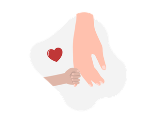 Eine Kinderhand umschließt den kleinen Finger von der Hand eines Erwachsenen. Daneben abgebildet ist ein Herz.